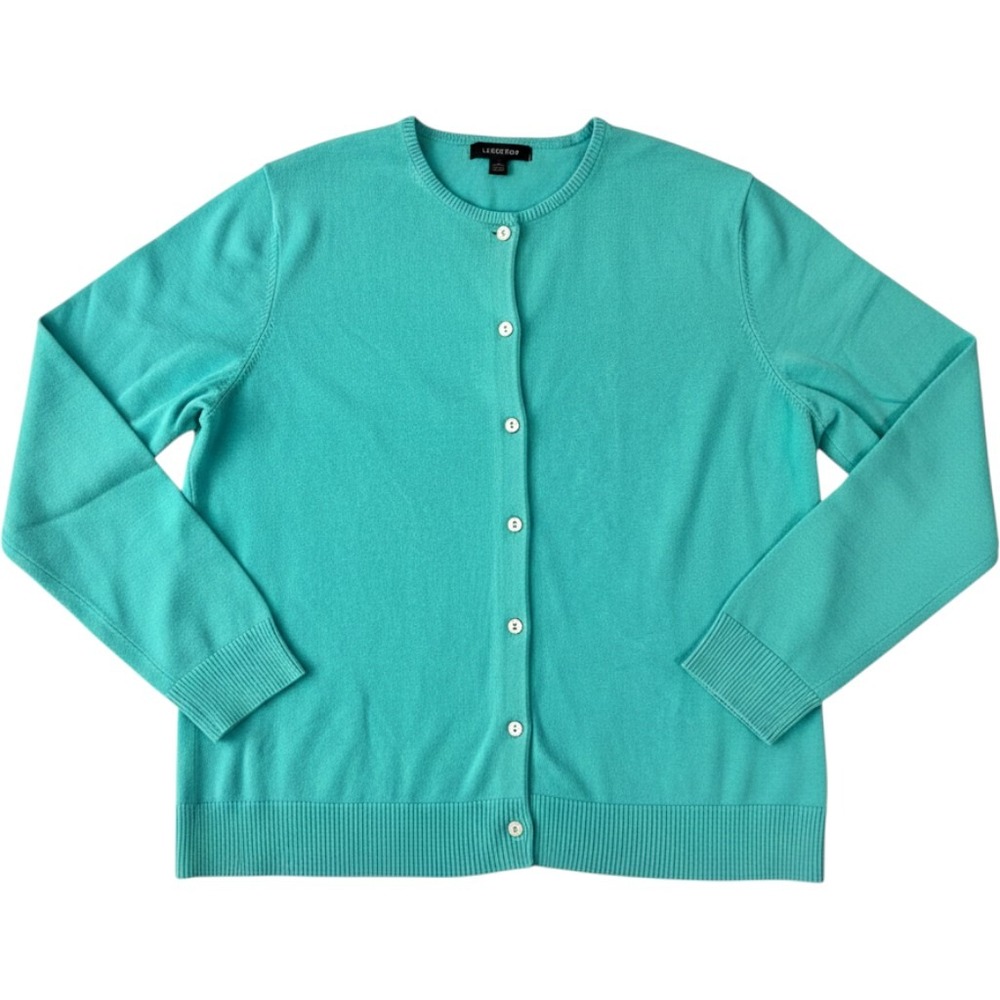 Lands End Womens Teal Blue Cotton Cardigan Sweater Large 14-16
